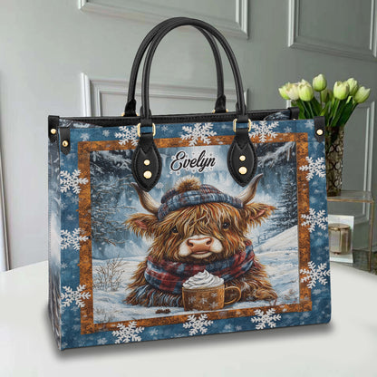 Sac en cuir brillant personnalisé Cozy Highland Cow