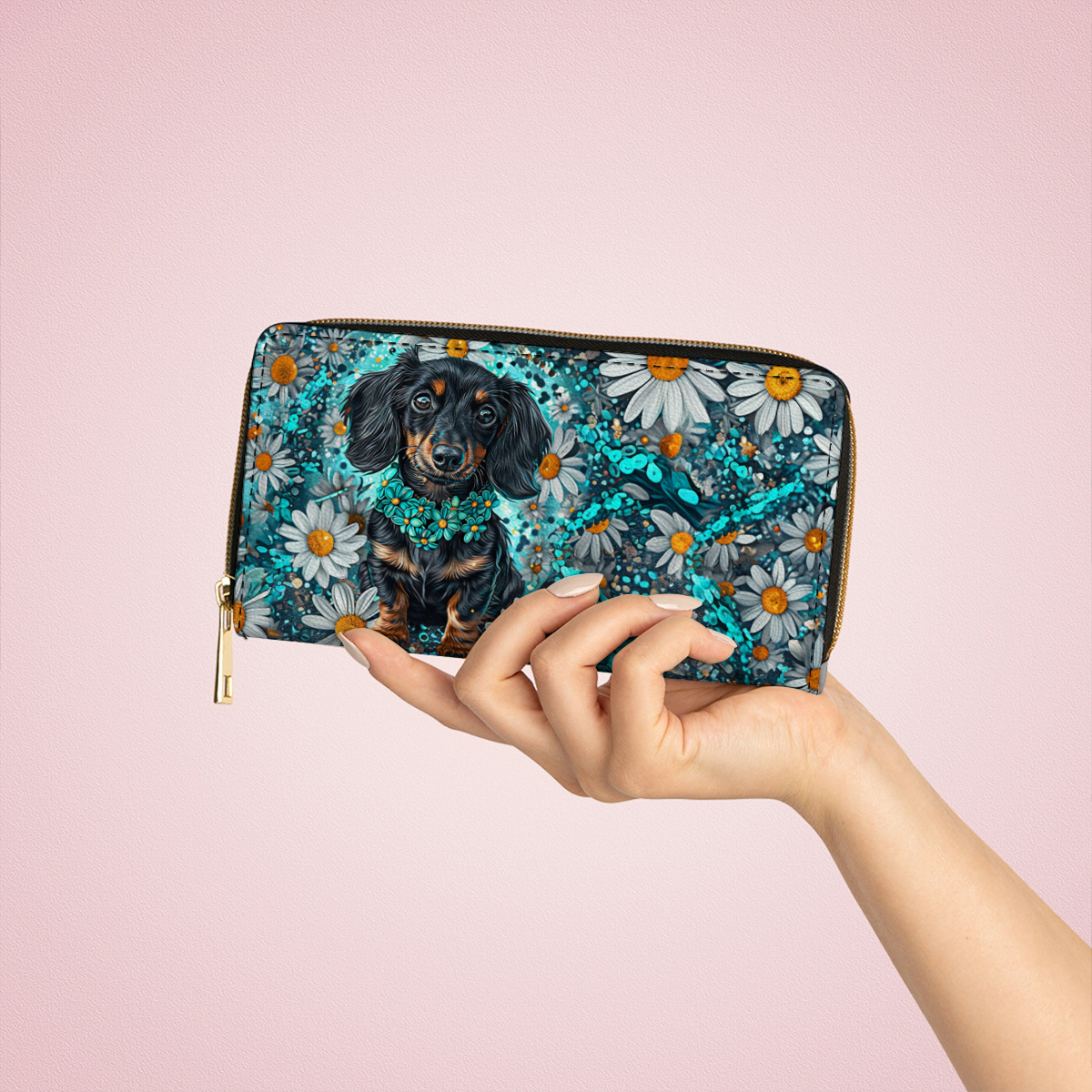 Glänzende Clutch aus Leder mit Trageriemen, Dackel, Gänseblümchen