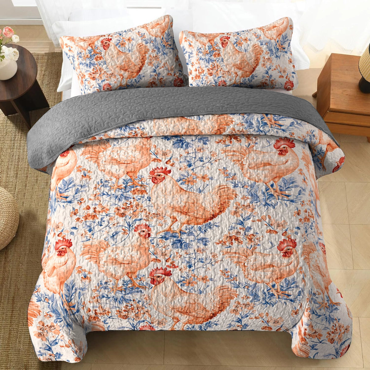 Shineful All Season Quilt 3-Piece Set Chicken Vintage Garden