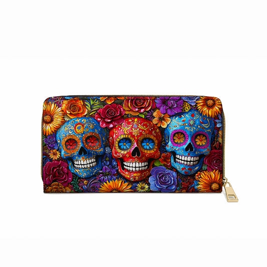 Pochette en cuir brillante avec dragonne et poignée Motif tête de mort en sucre vibrant