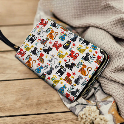 Shineful Leather Clutch Purse With Wristlet Strap Handle Cute Whimsical Cat