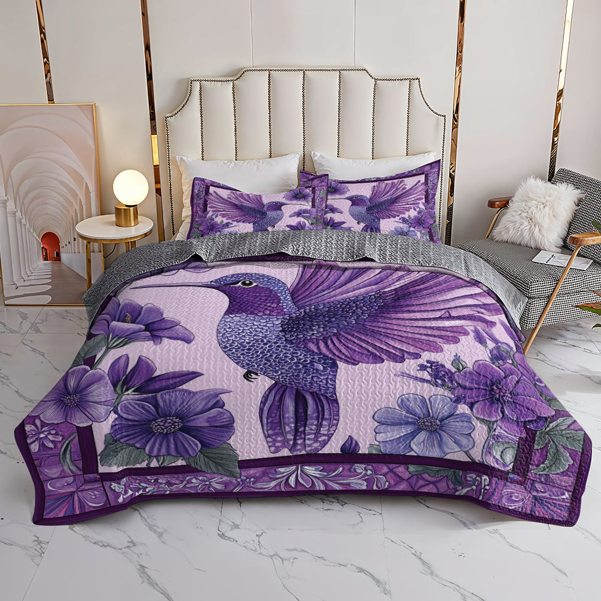 Shineful All Season Quilt 3-Piece Set Purple Hummingbird