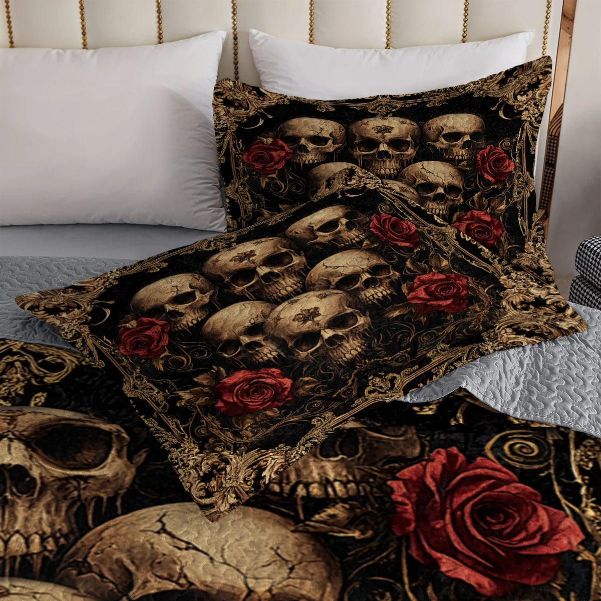 Shineful All Season Quilt 3-Piece Set - Dark Gothic Skulls