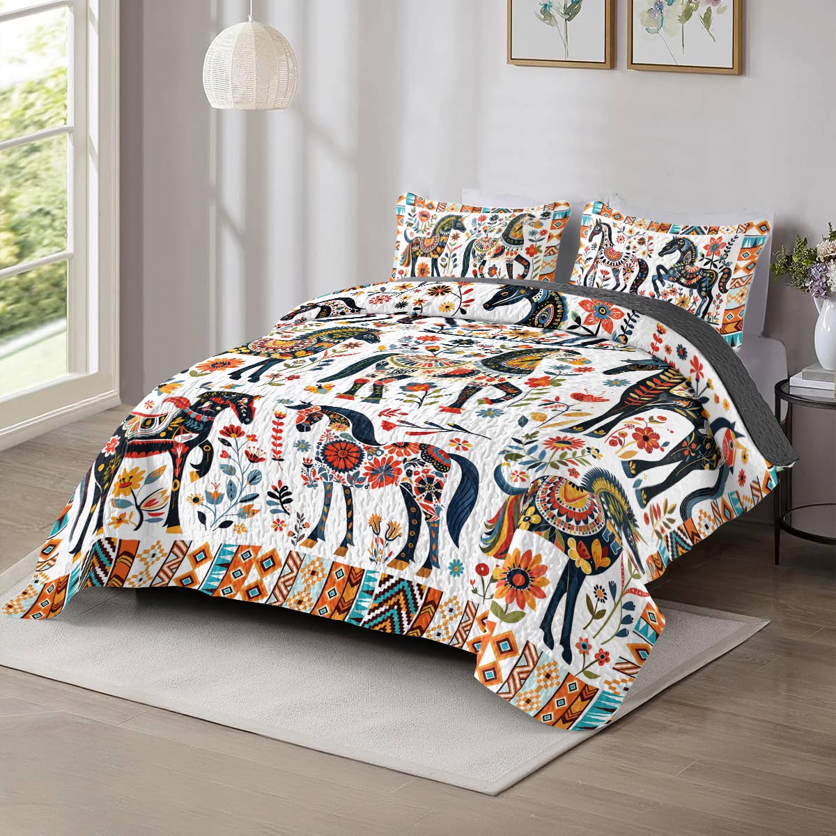 Shineful All Season Quilt 3-Piece Set Horse Floral Pattern