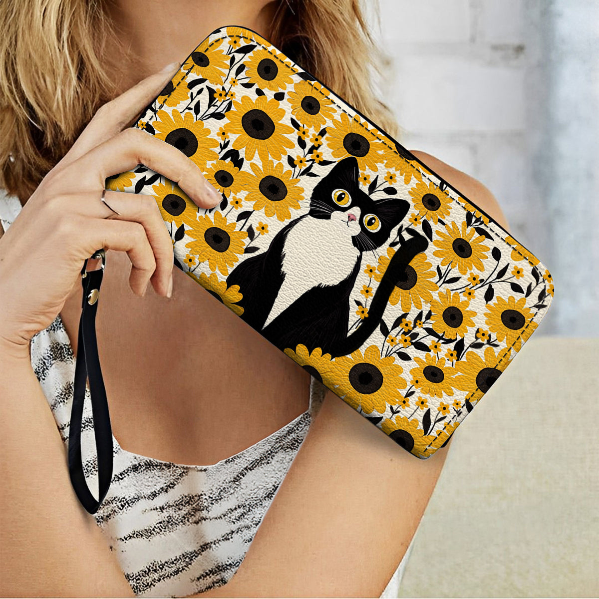 Shineful Leather Clutch Purse With Wristlet Strap Handle Shineful Leather Bag Cat In Sunflower Garden