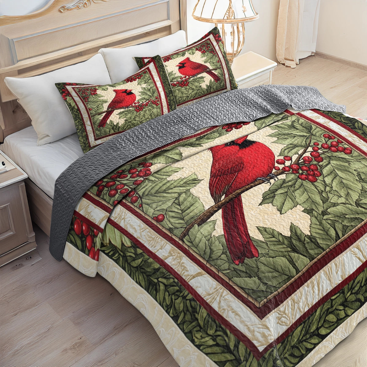 Shineful All Season Quilt 3-Piece Set - Cardinal Winter's Red Beauty