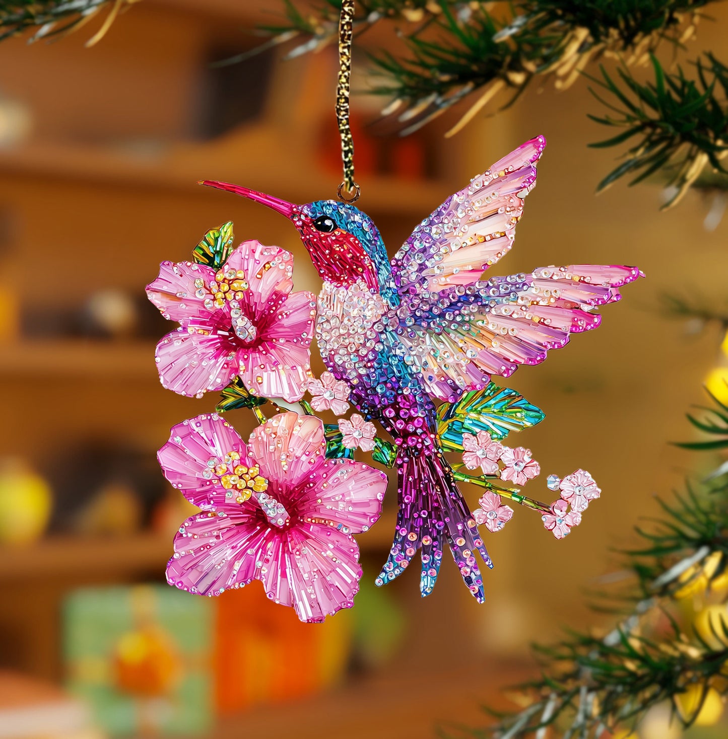 Shineful 2D Acrylic Ornament Sparkling Floral Hummingbird