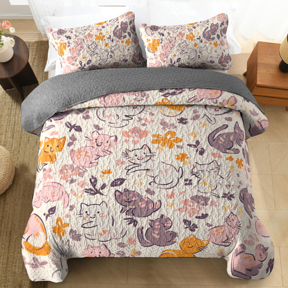 Shineful All Season Quilt 3-Piece Set - Cat Blossom Delight