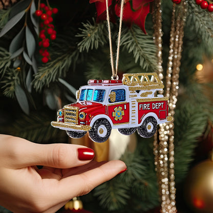 Shineful 2D Acrylic Ornament - Glittered Fire Truck Christmas