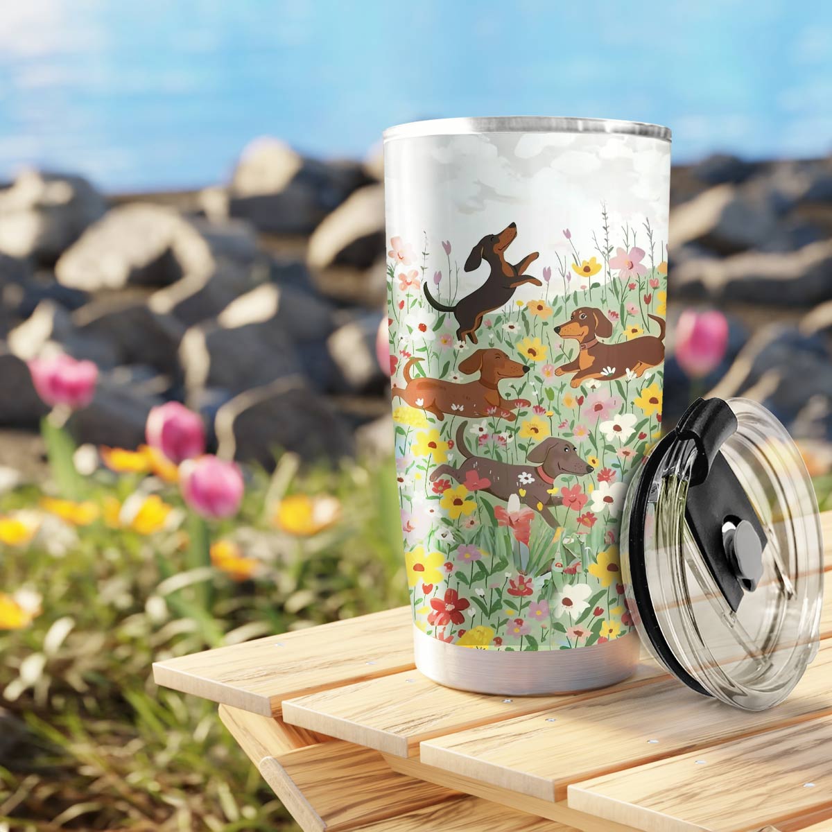 Shineful 20oz Tumbler Dachshund in the flower garden