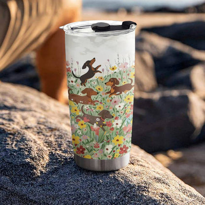 Shineful 20oz Tumbler Dachshund in the flower garden