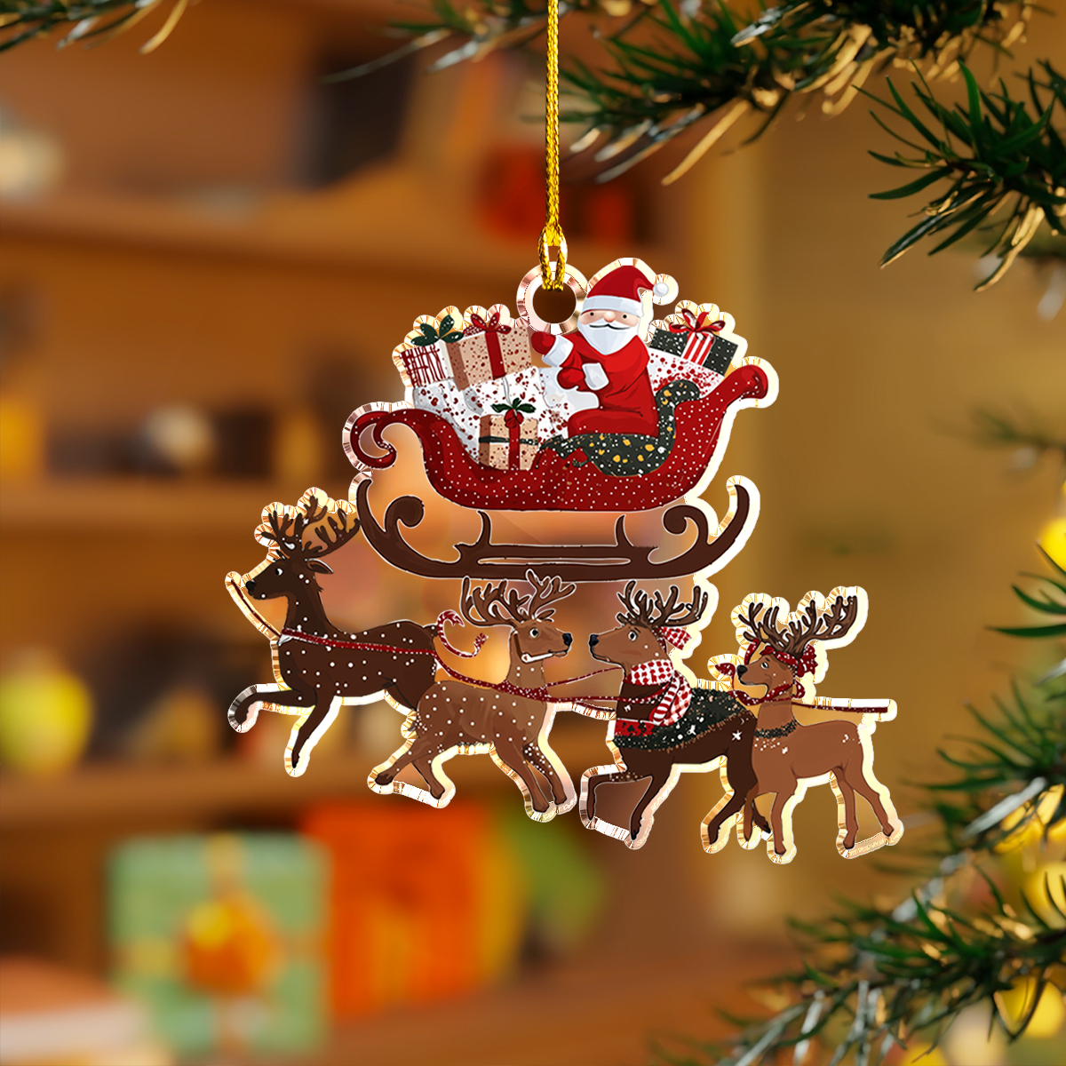 Glänzendes Acryl-Ornament, gemütlicher Weihnachtsmann mit Rentier, das seinen Schlitten voller Geschenke zieht 