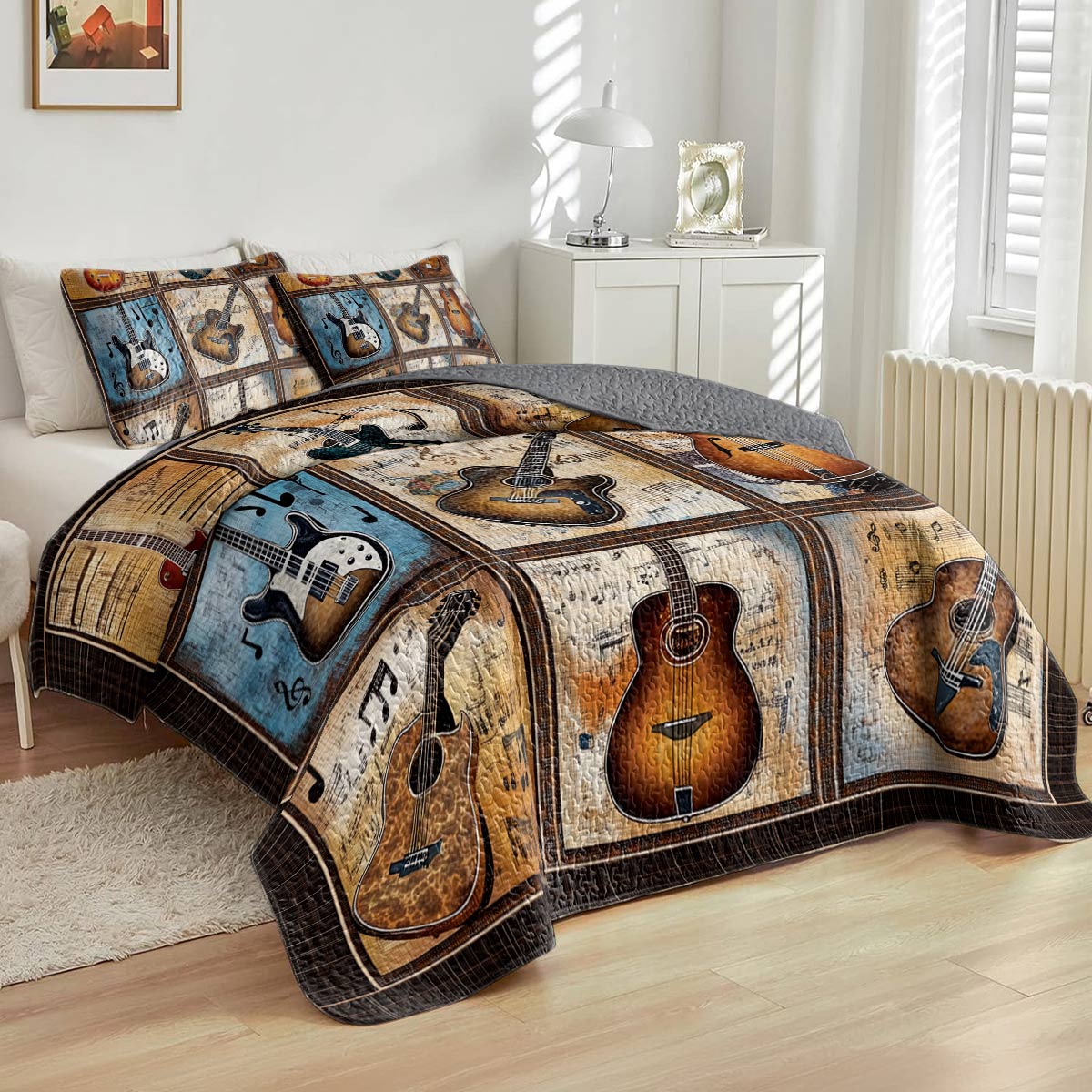 Shineful All Season Quilt 3-Piece Set - Rustic Guitar Patchwork