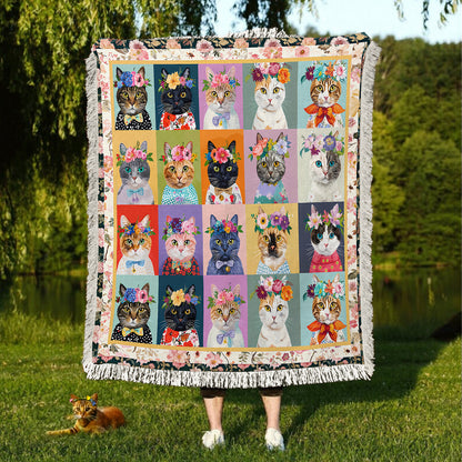 Shineful Woven Tapestry Throw Blanket - Floral Cat Fantasy