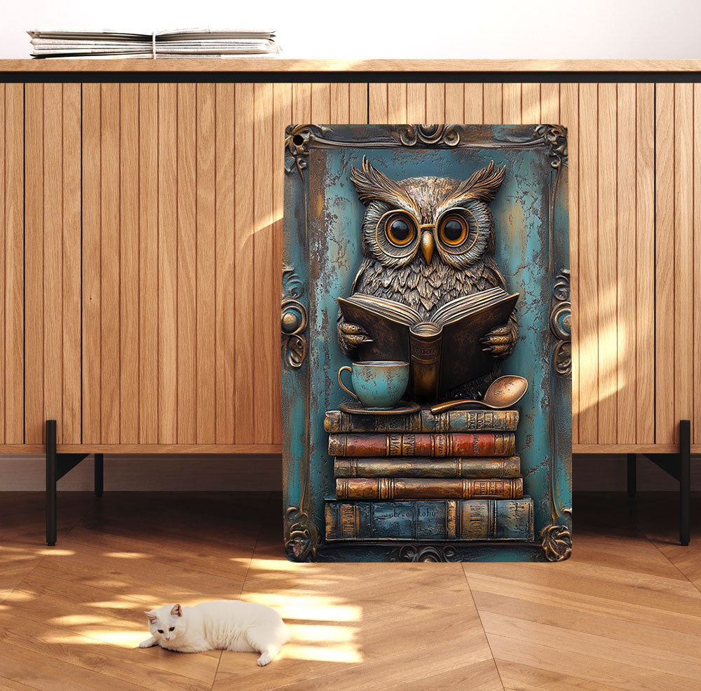 Panneau en métal brillant 2D La bibliothèque du hibou sage