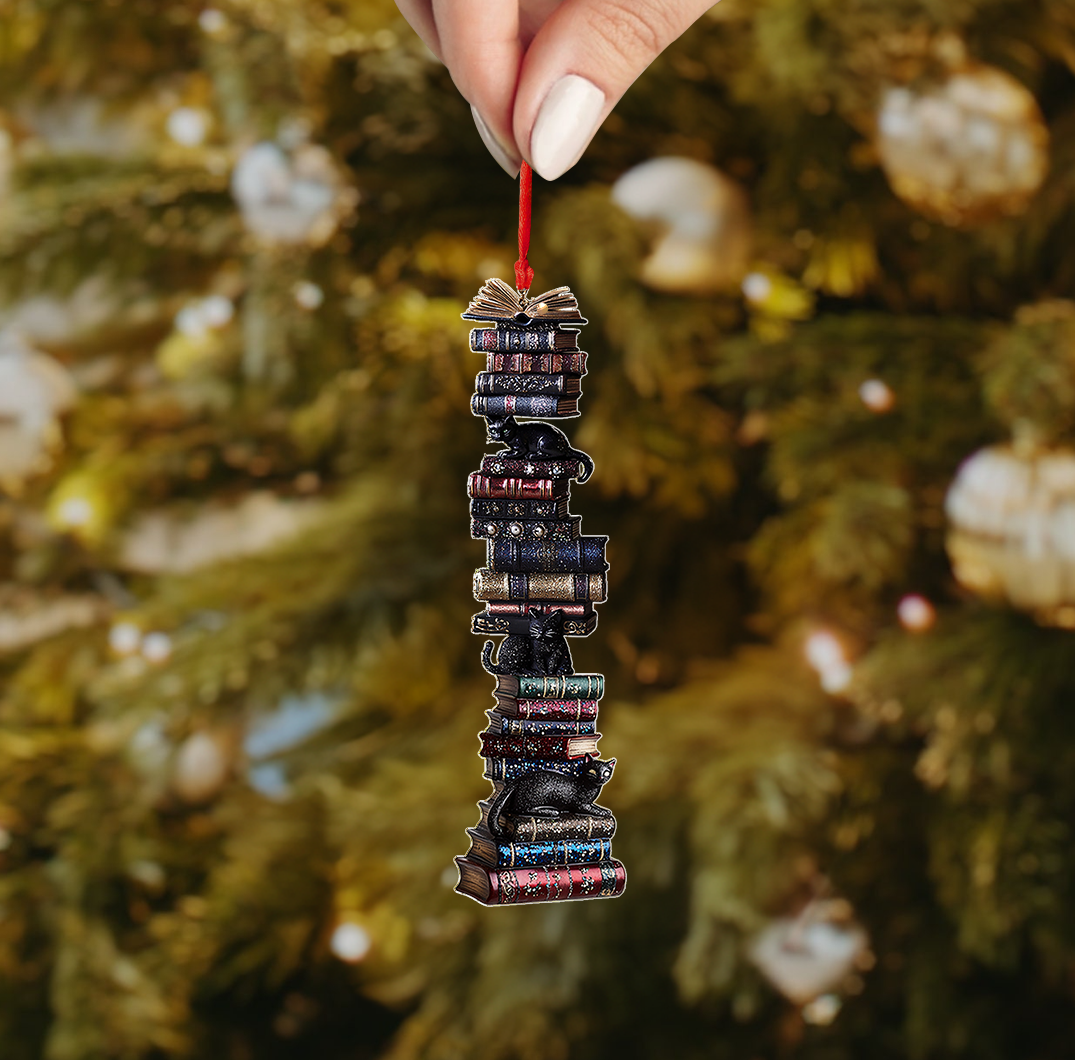 Shineful 2D Acrylic Ornament - Vintage Bookstack & Black Cat