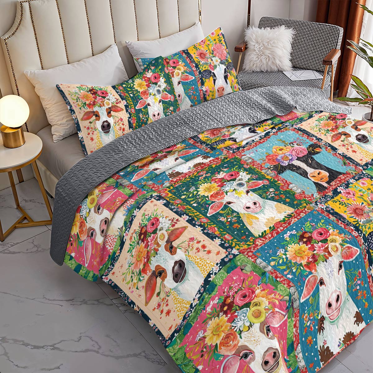 Shineful All Season Quilt 3-Piece Set Cows and Blooms