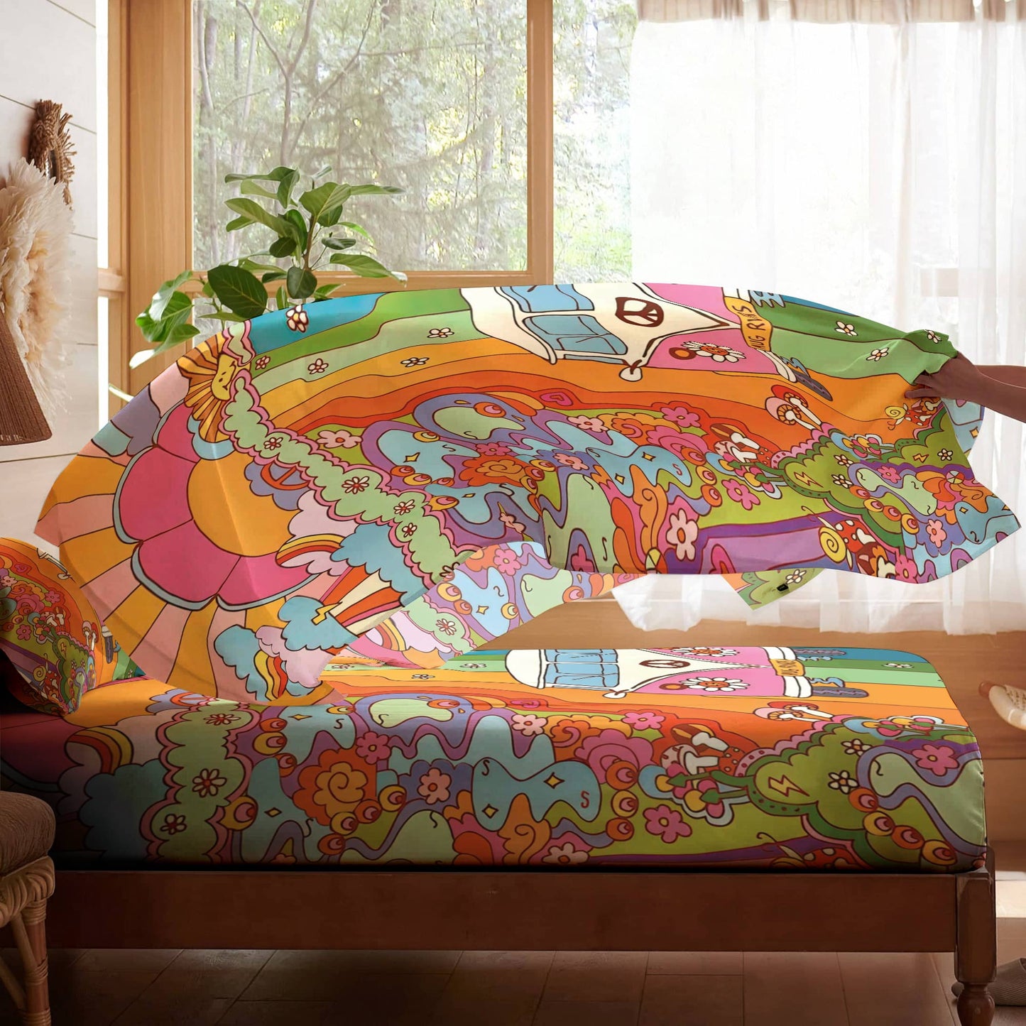 Shineful 4-Piece Bed Sheet Set Rainbow Hippie Van