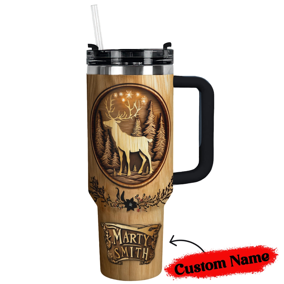 Shineful Glossy Tumbler Personalized Reindeer Woodcut Christmas