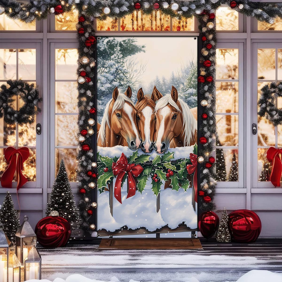 Shineful Door Cover Festive Horses Christmas