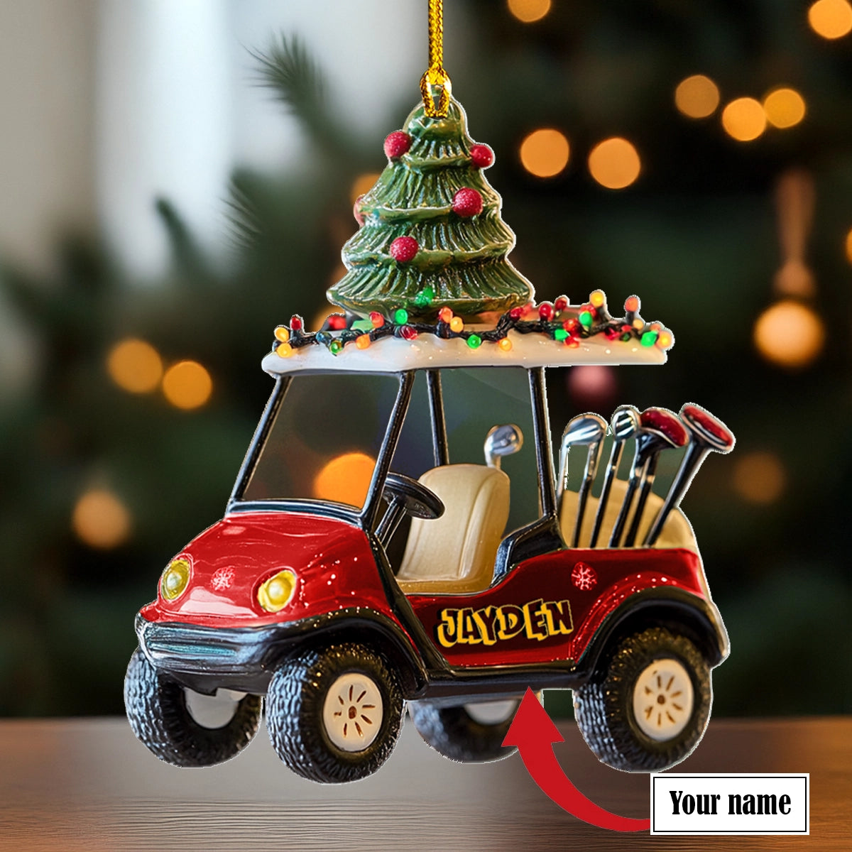 Glänzendes 2D Acryl Ornament - Personalisiertes rotes Golf Cart Weihnachten 