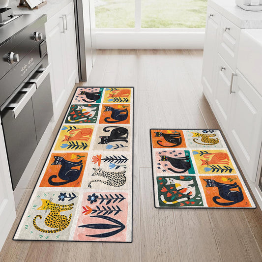 Tapis de sol antidérapant ultra fin et brillant, tapis de cuisine, motif chat fantaisie jardin