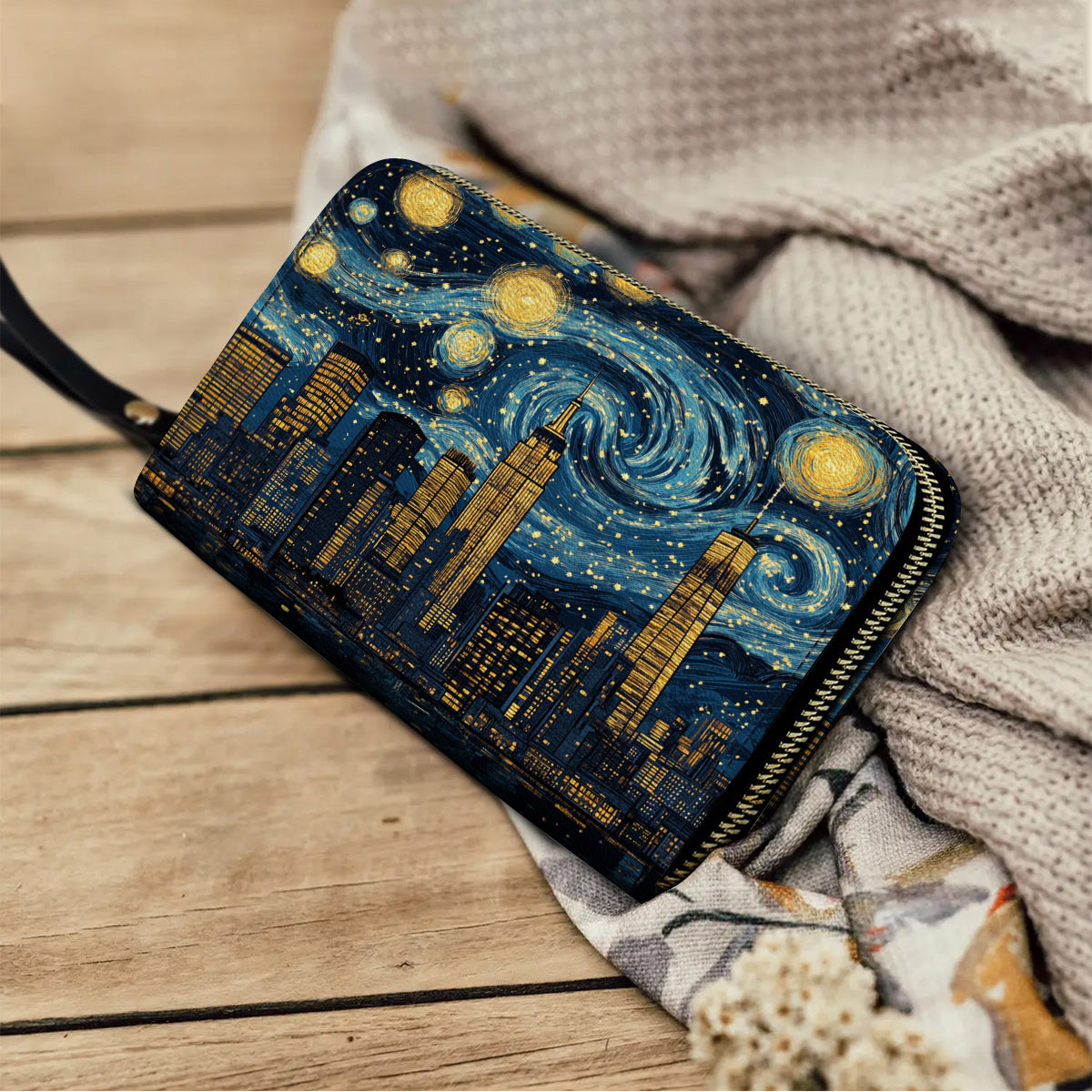 Shineful Leather Clutch Purse With Wristlet Strap Handle Starry Skyline