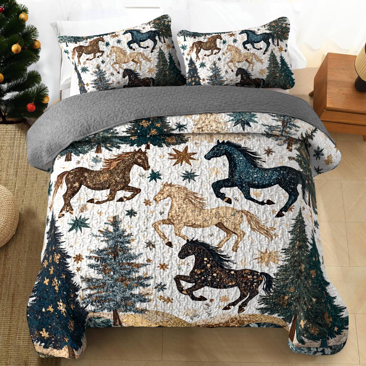 Shineful All Season Quilt 3-Piece Set Charming Horse Christmas Tree