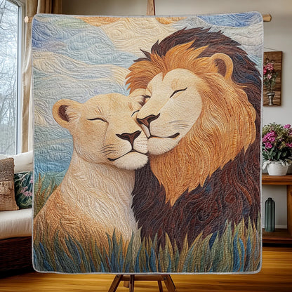 Shineful Flat Print Faux Quilt Blanket - Loving Lions Embraced in Serengeti Serenity