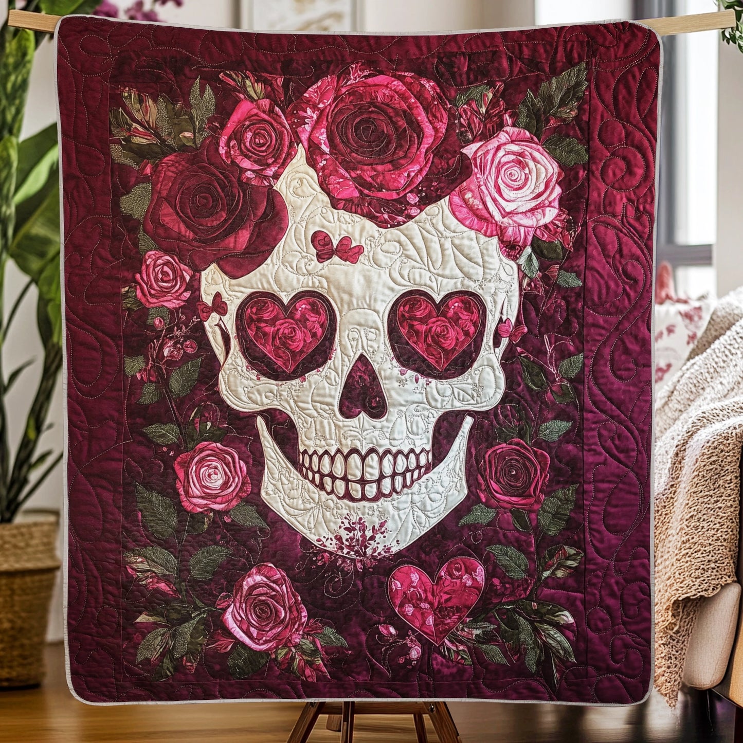 Glänzende, flach bedruckte Steppdecke aus Kunstleder – Romantischer Totenkopf mit Rosen und herzlicher Eleganz