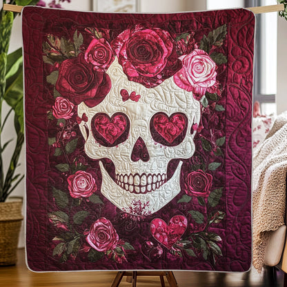 Shineful Flat Print Faux Quilt Blanket - Romantic Skull with Roses and Heartfelt Elegance