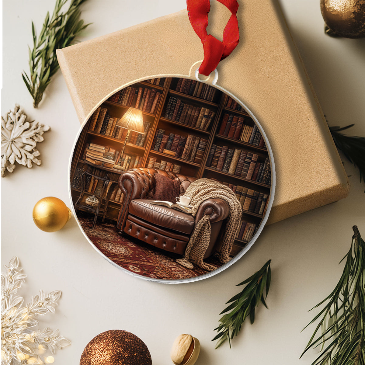 Glänzendes 2D-Ornament aus Acryl – Cozy Library Christmas