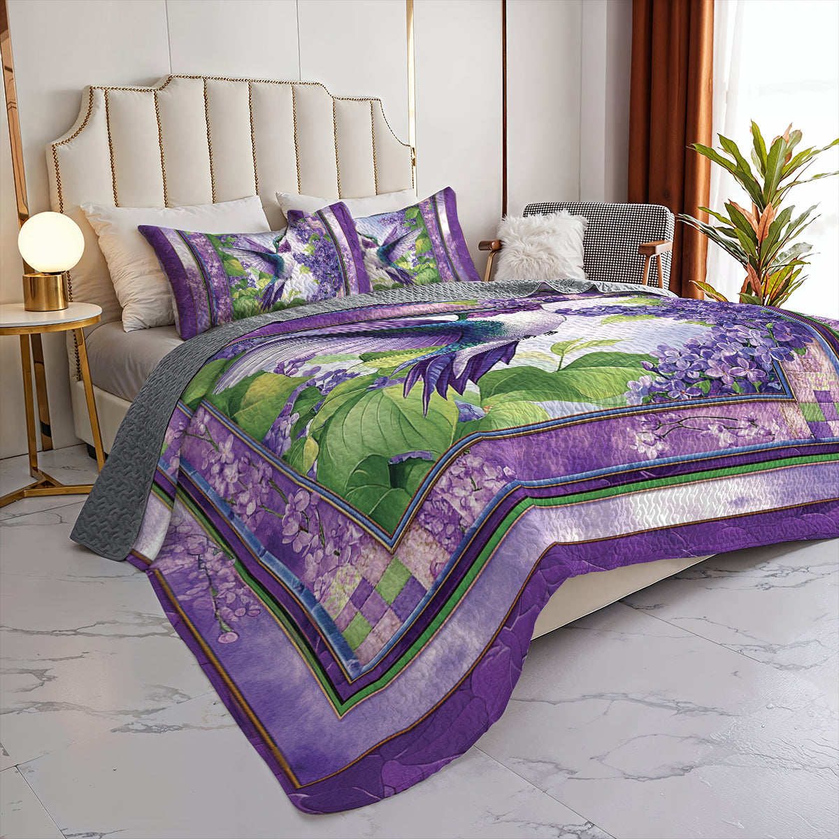 Shineful All Season Quilt 3-Piece Set - Lilac Flight: Hummingbird Quilt