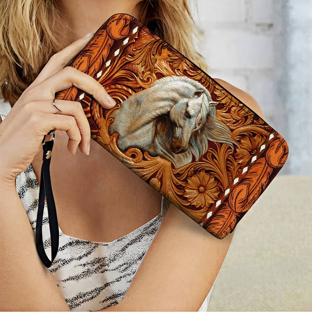 Shineful Leather Clutch Purse With Wristlet Strap Handle Majestic Stallion