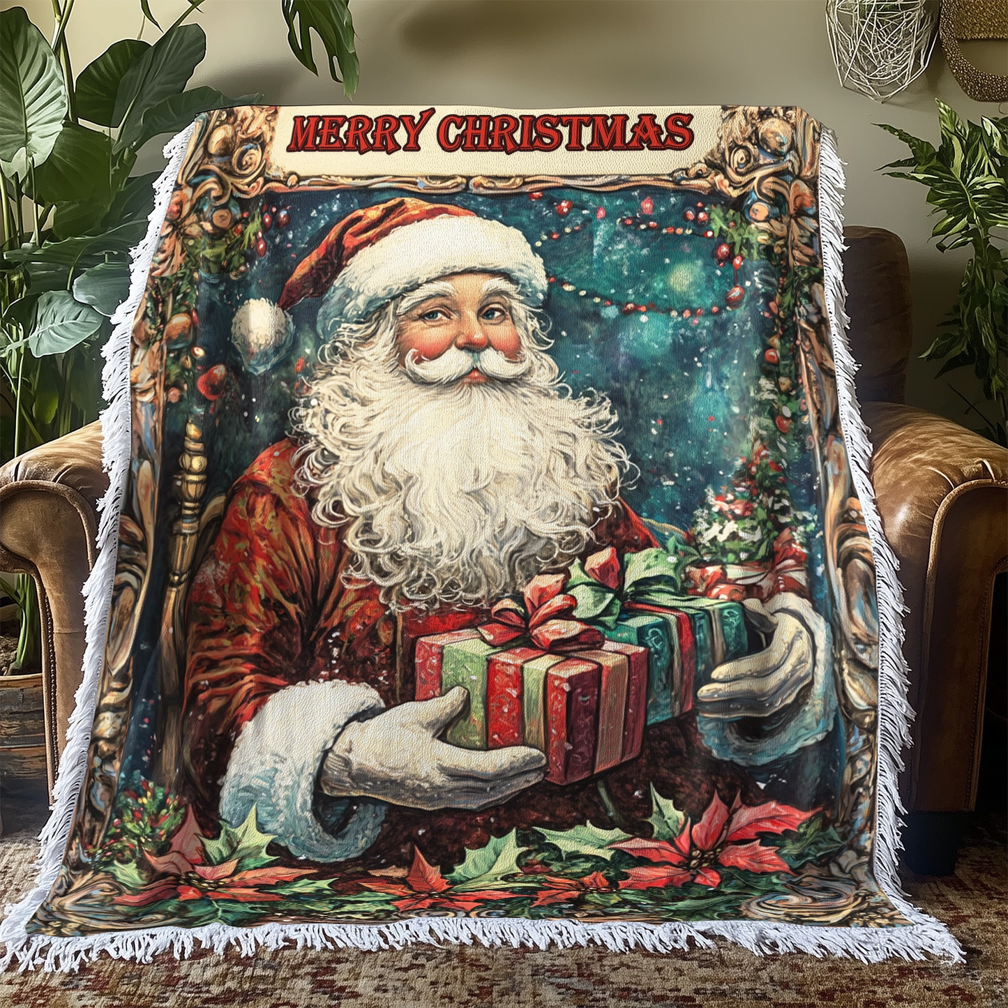 Shineful Woven Tapestry Throw Blanket Santa's Cheerful Gift