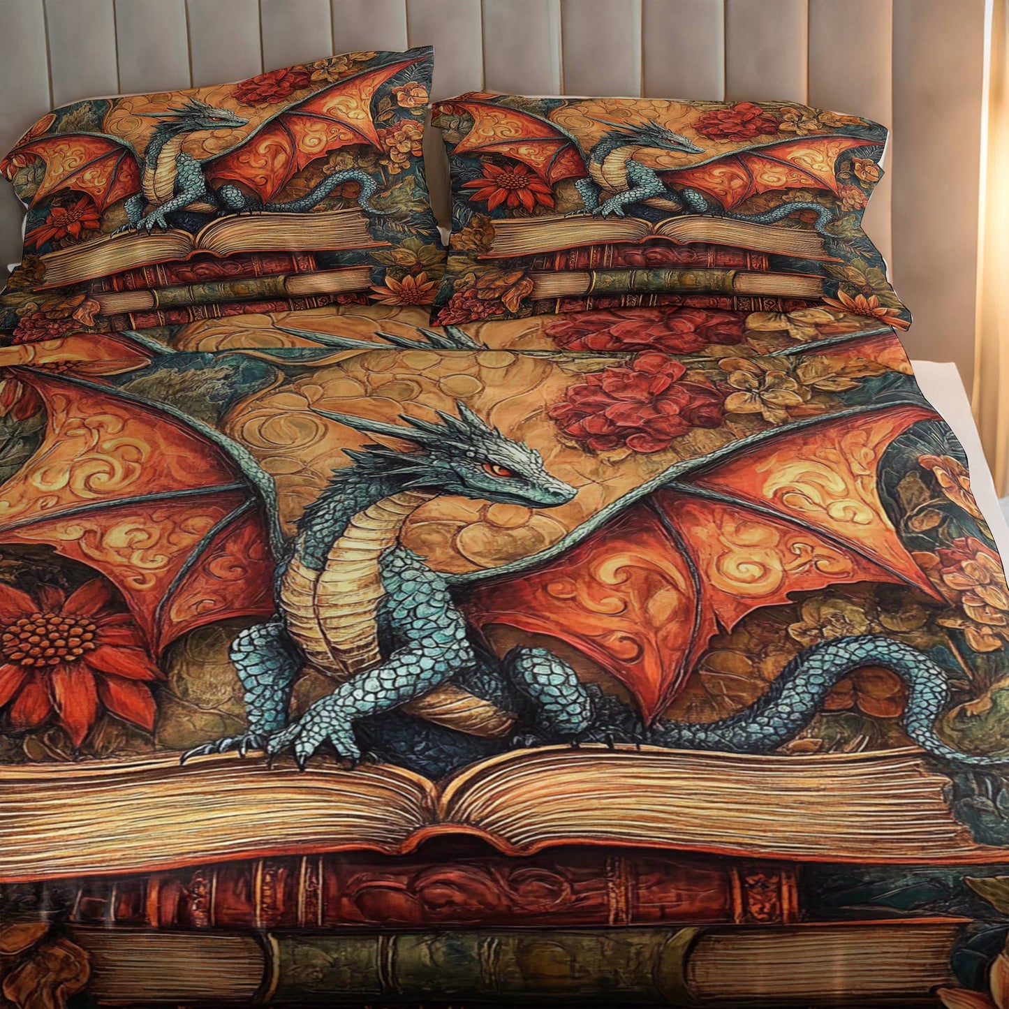 Shineful 4-Piece Bed Sheet Set Glorious A Stack Of Books With A Dragon