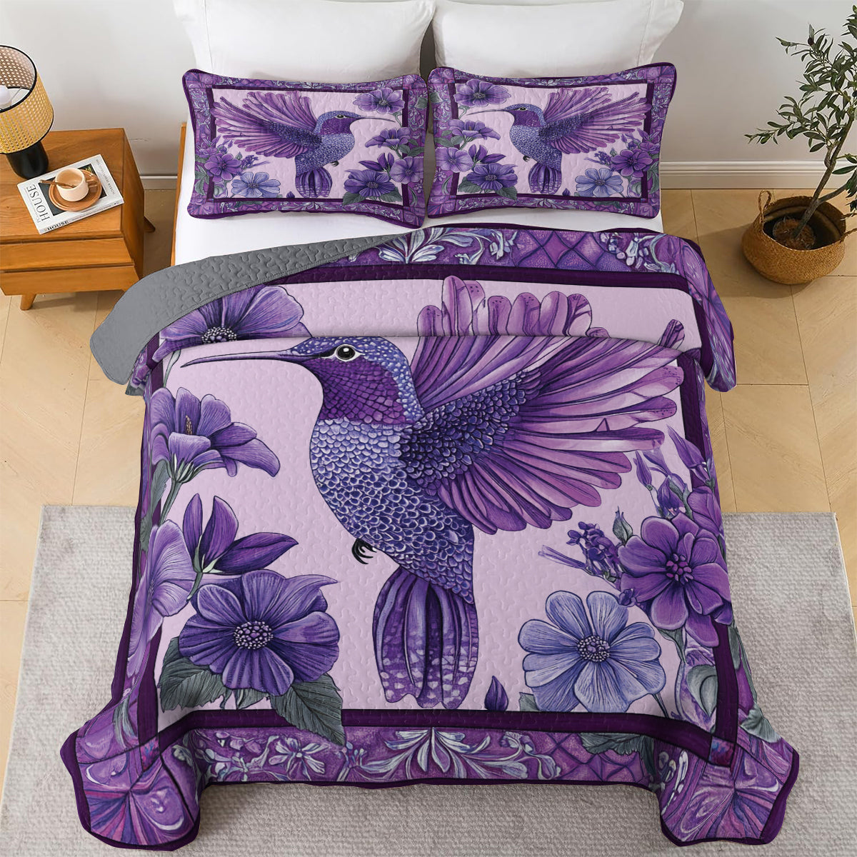 Shineful All Season Quilt 3-Piece Set Purple Hummingbird