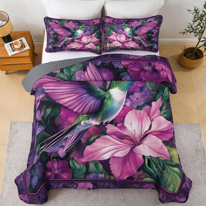 Shineful All Season Quilt 3-Piece Set Purple Hummingbird & Floral