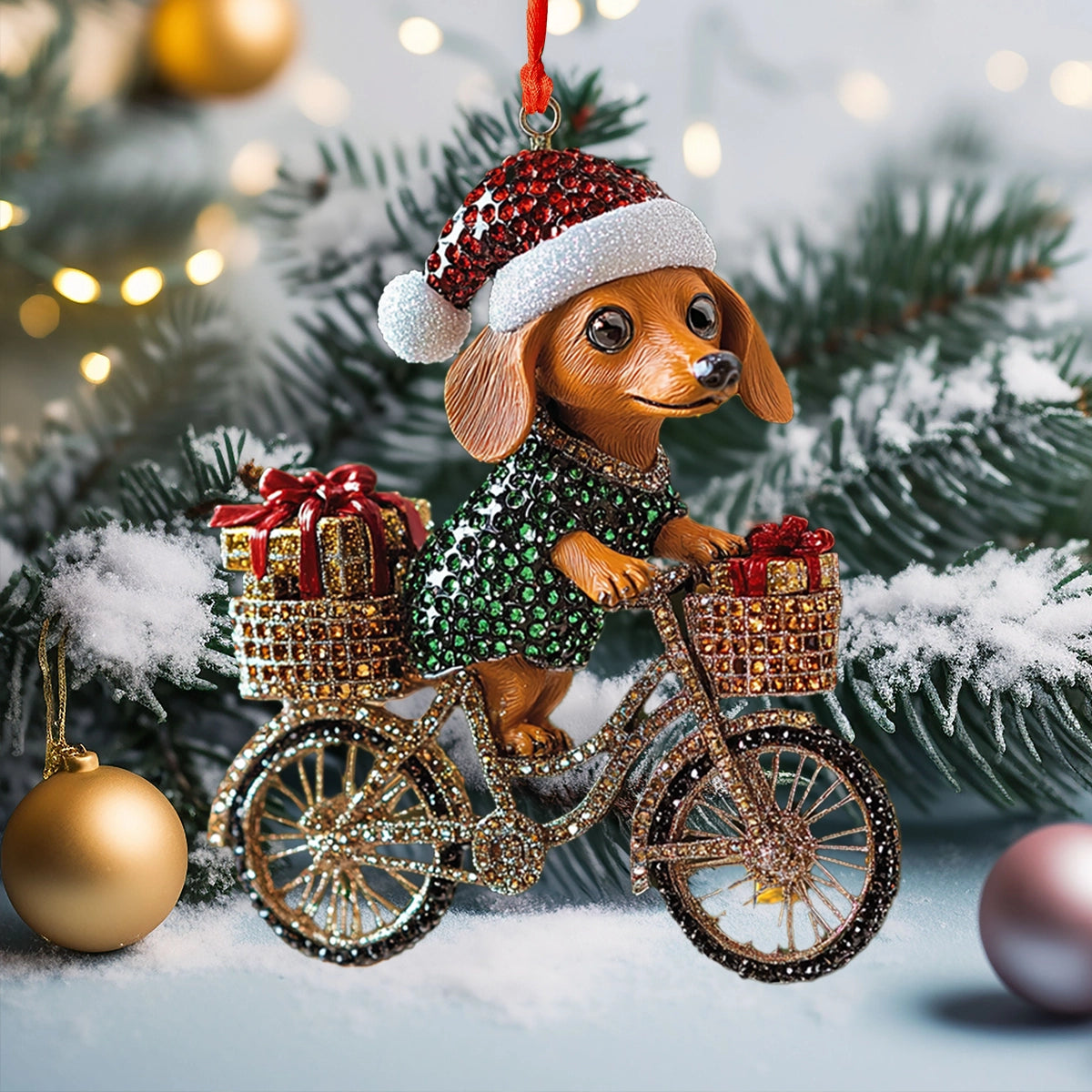 Shineful 2D Acrylic Ornament Festive Dachshund Rider