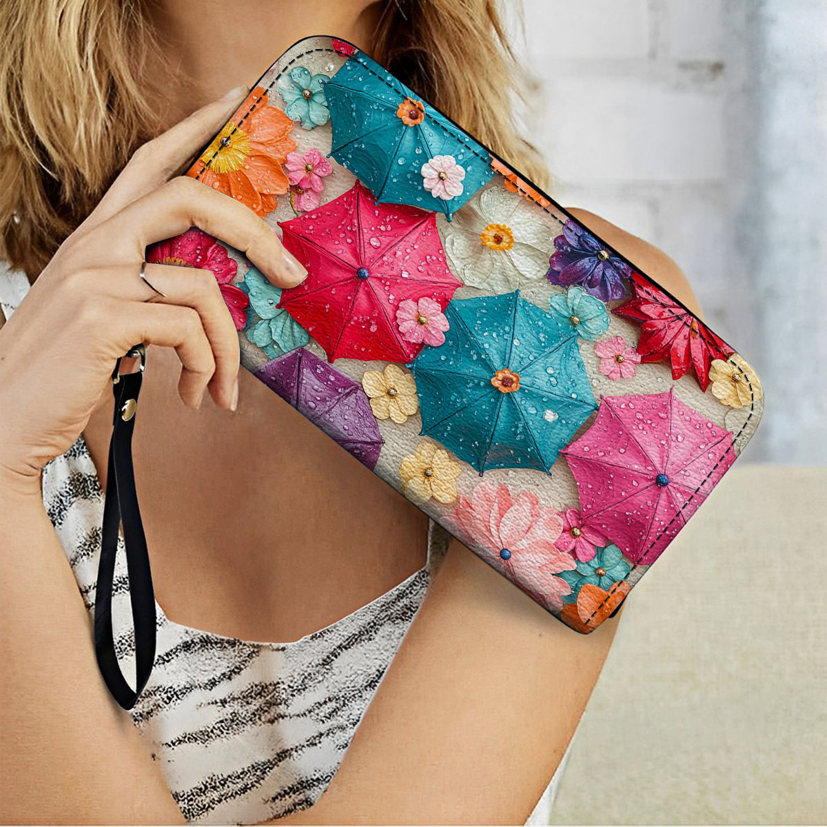 Shineful Leather Clutch Purse With Wristlet Strap Handle Bloom & Rain