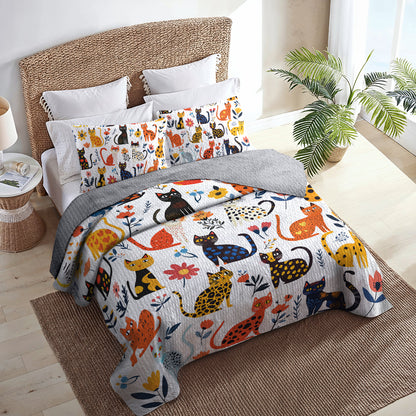 Shineful All Season Quilt 3-Piece Set - Purrfectly Feline With Floral