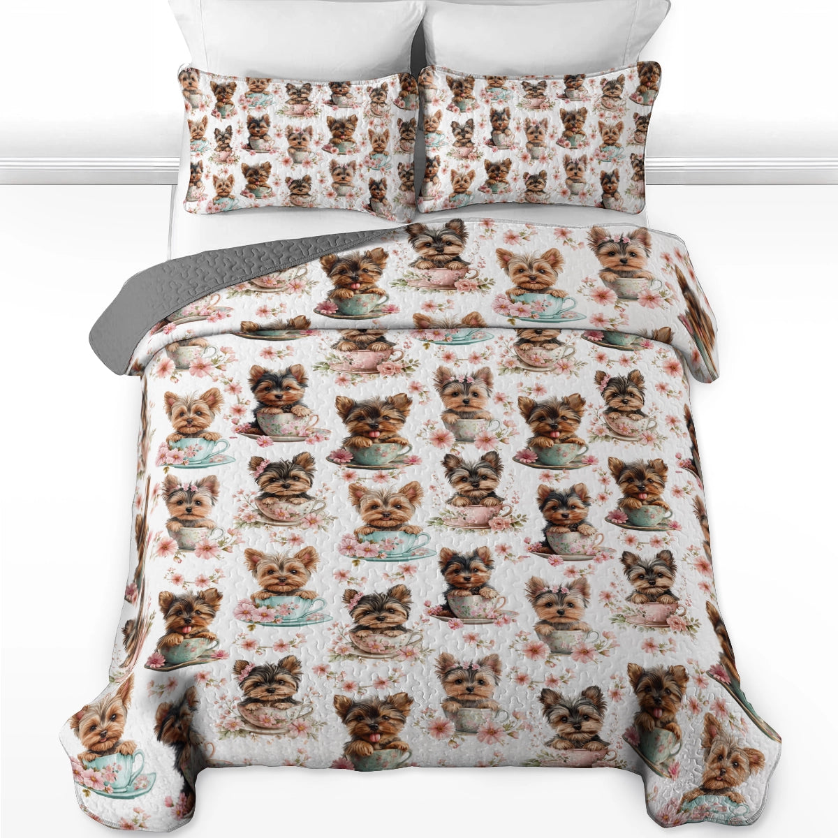 Ensemble de courtepointe toutes saisons Shineful 3 pièces - Yorkie Teacup Snuggle