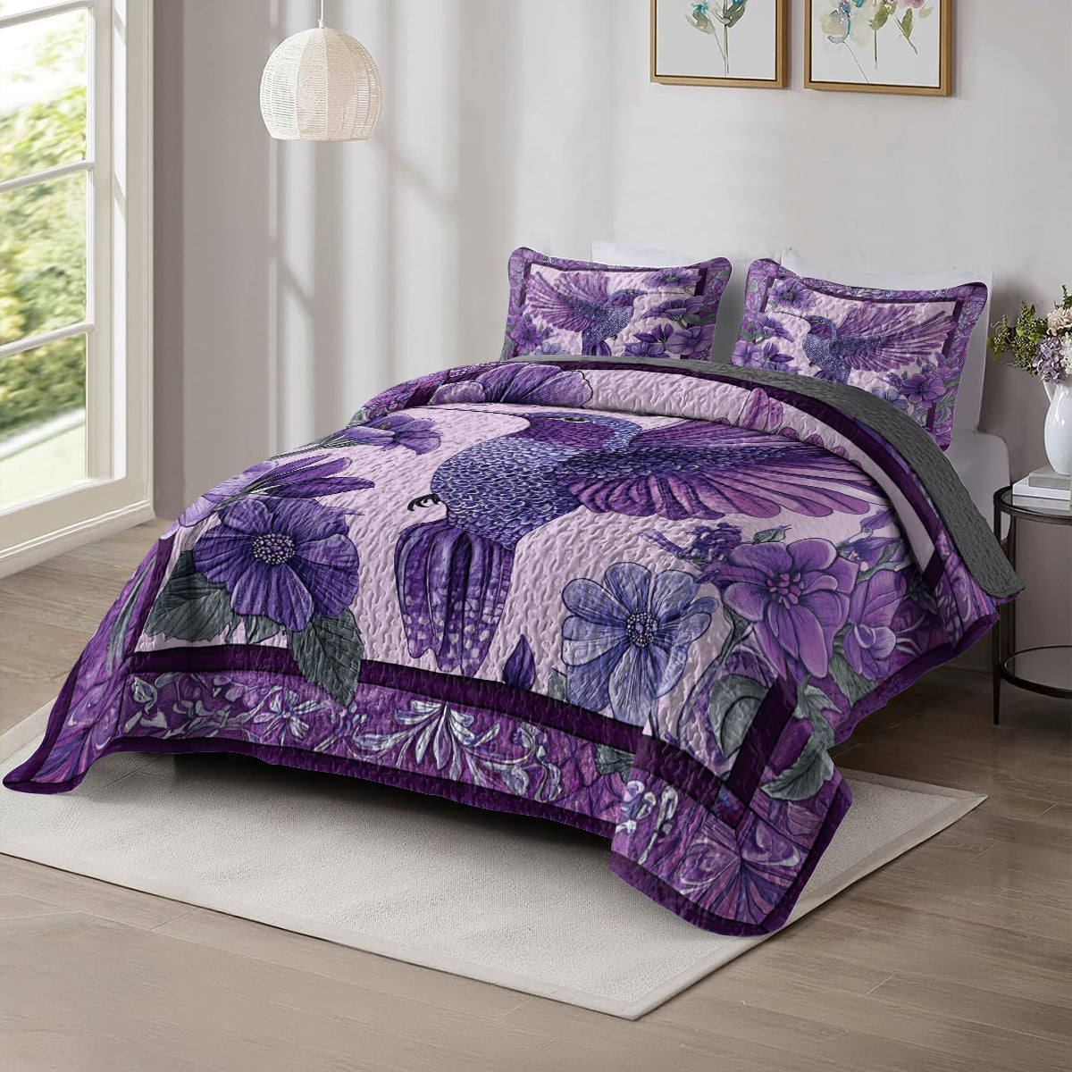 Shineful All Season Quilt 3-Piece Set Purple Hummingbird