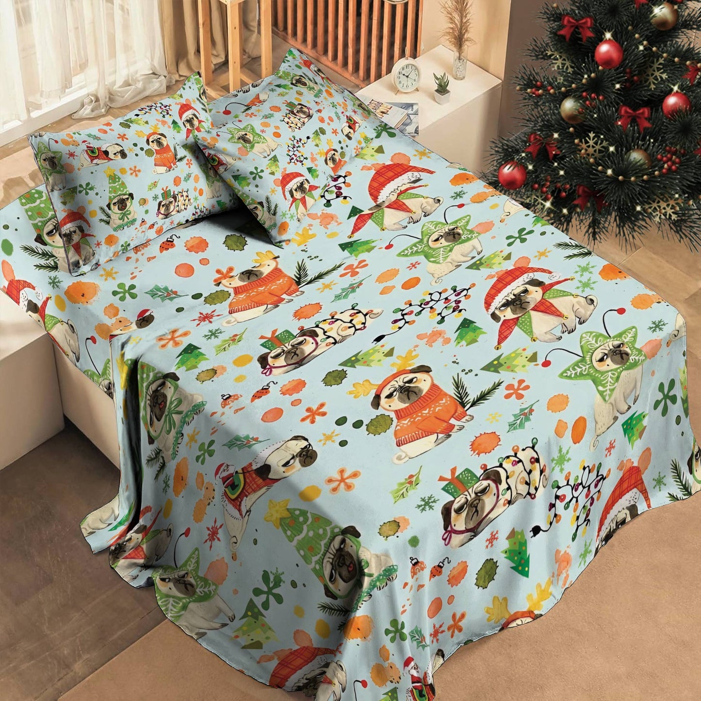 Shineful 4-Piece Bed Sheet Set Santa's Pugs