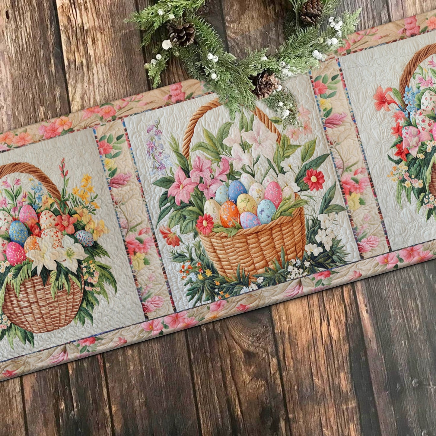 Shineful 2D Flat Print Quilted Table Runner Eggs Springtime Basket Bliss