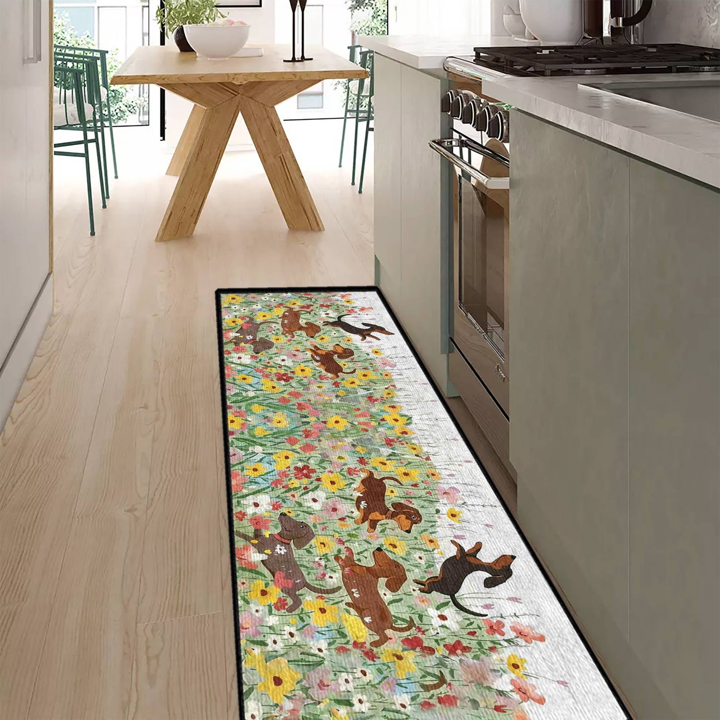 Tapis de sol antidérapant ultra fin, tapis de cuisine Teckel dans un jardin fleuri