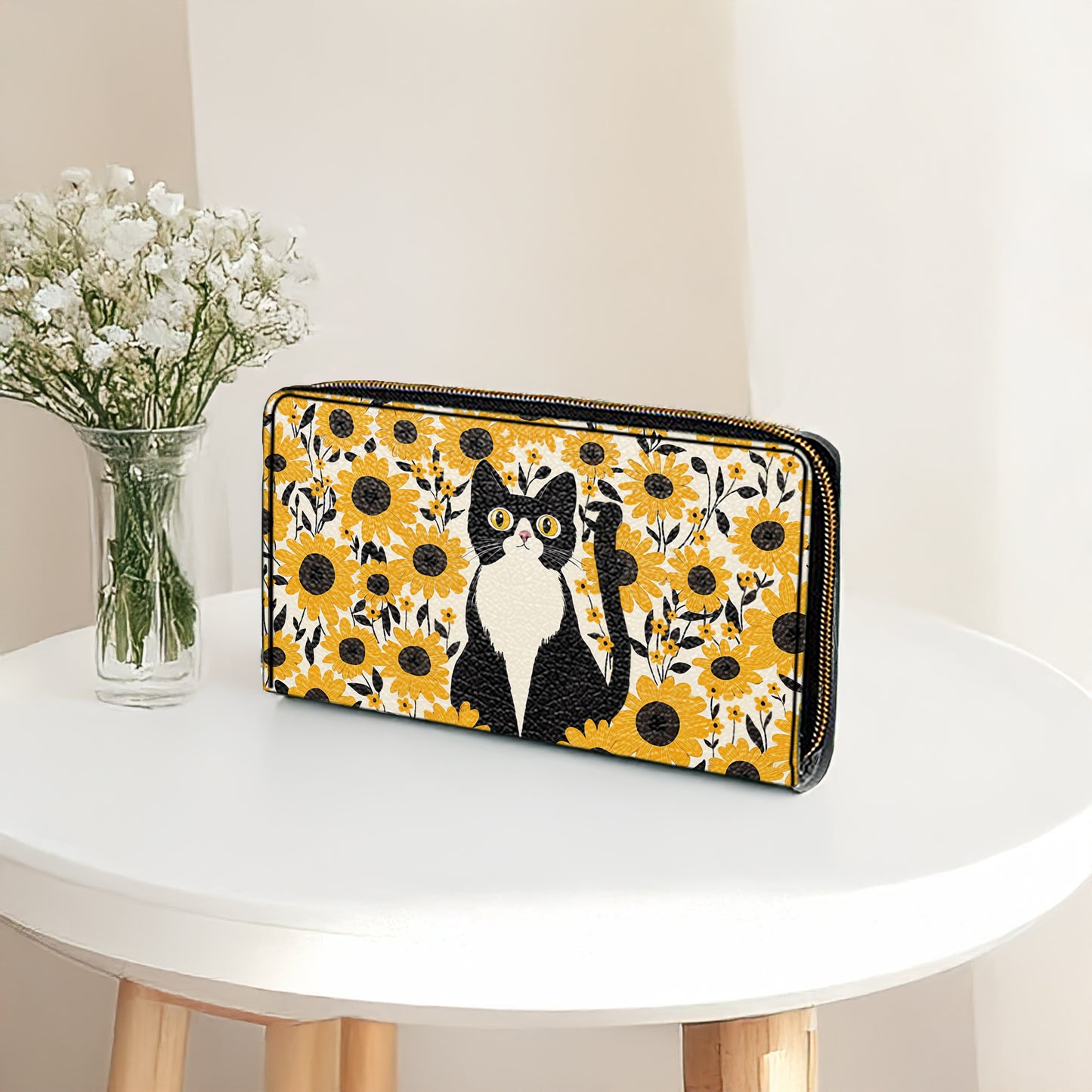 Shineful Leather Clutch Purse With Wristlet Strap Handle Shineful Leather Bag Cat In Sunflower Garden