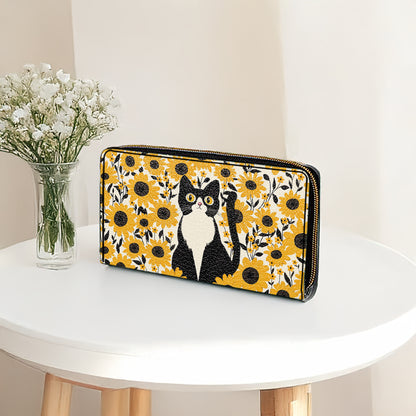 Shineful Leather Clutch Purse With Wristlet Strap Handle Shineful Leather Bag Cat In Sunflower Garden