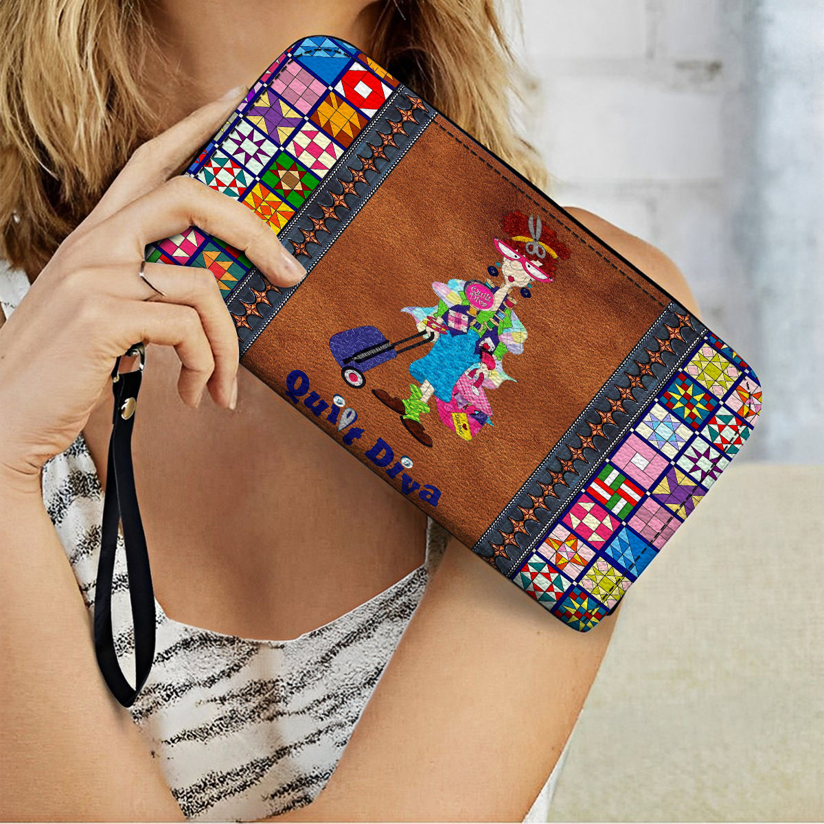 Shineful Leather Clutch Purse With Wristlet Strap Handle Quilt Diva