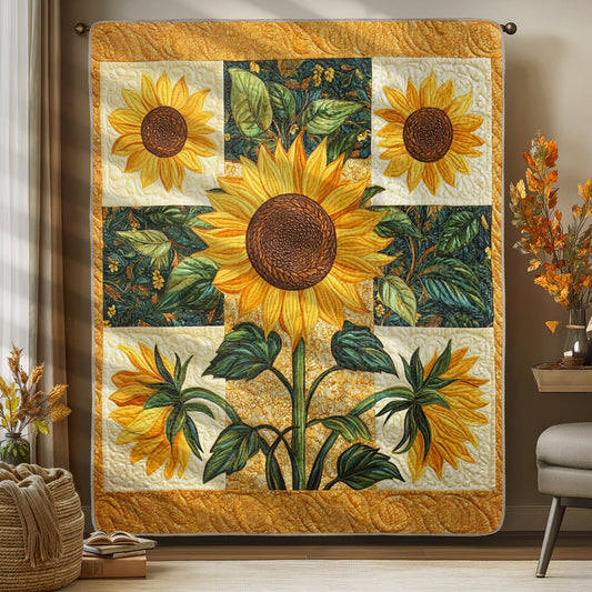 Shineful Flat Print Faux Quilt Blanket - Golden Sunflower